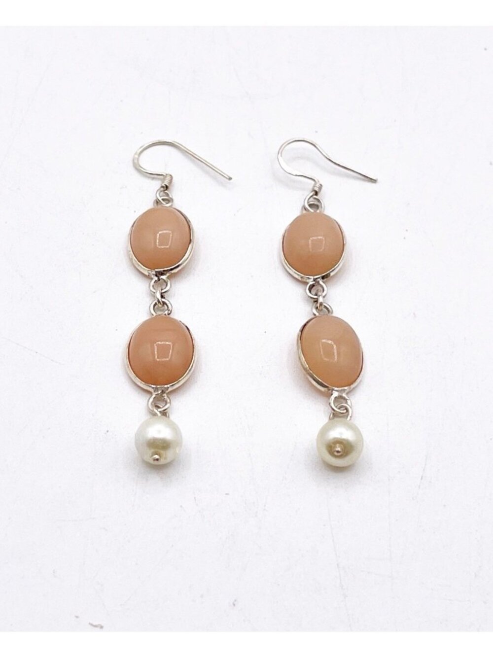 Vintage 925 Sterling Silver Rose Quartz Freshwater Pearl Dangle/Drop Earrings
